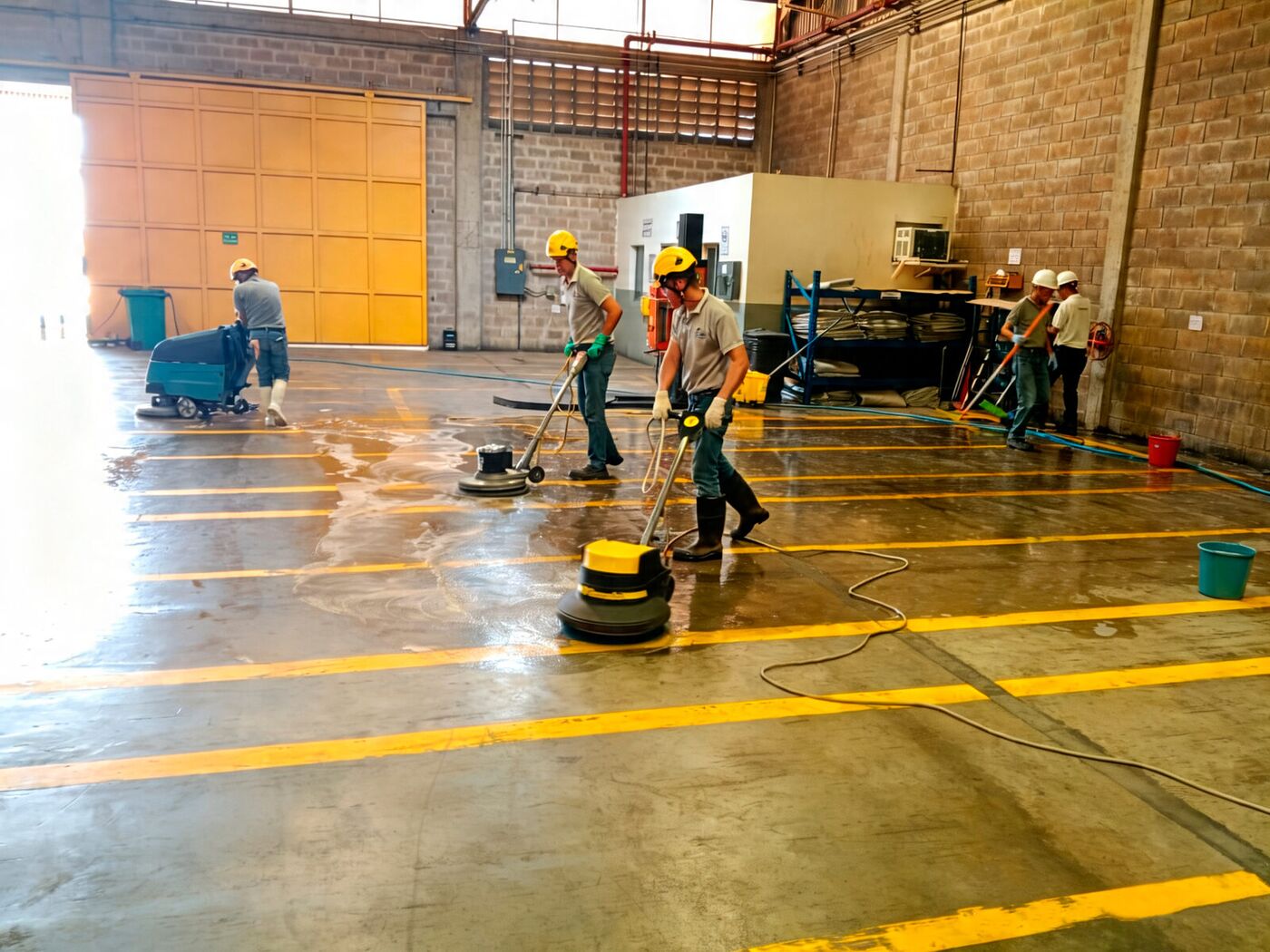 Cuadrilla de Proverclean lavando el piso de una planta con máquinas fregadoras